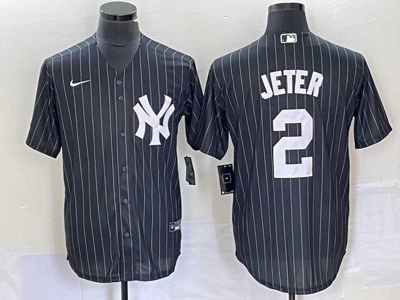 Men's New York Yankees #2 Derek Jeter Black Pinstripe Cool Base Stitched Baseball Jersey